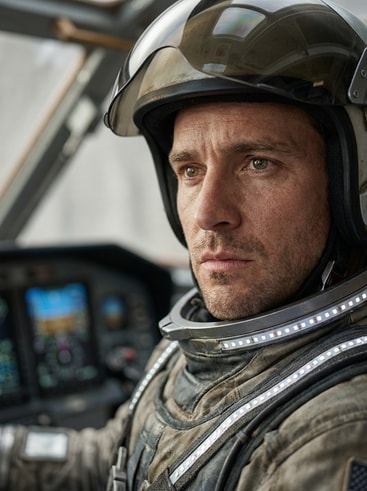 AI generated close-up headshot of a sci-fi pilot