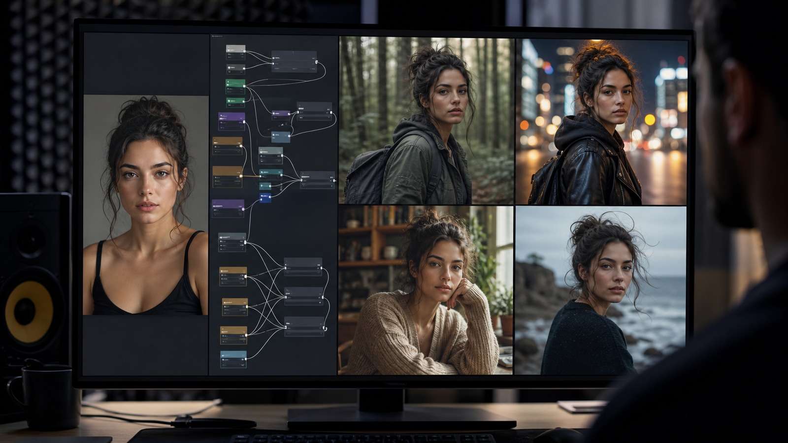 One reference portrait guiding the same character into different poses and environments through ComfyUI