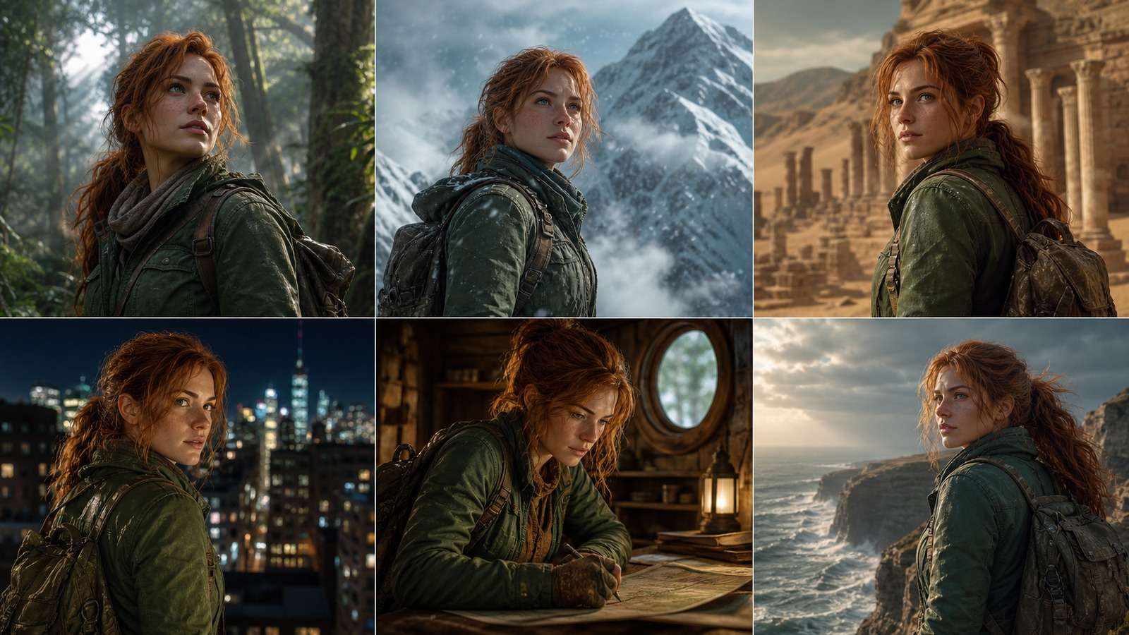Same red-haired explorer maintained across six cinematic environments using a reusable character LoRA