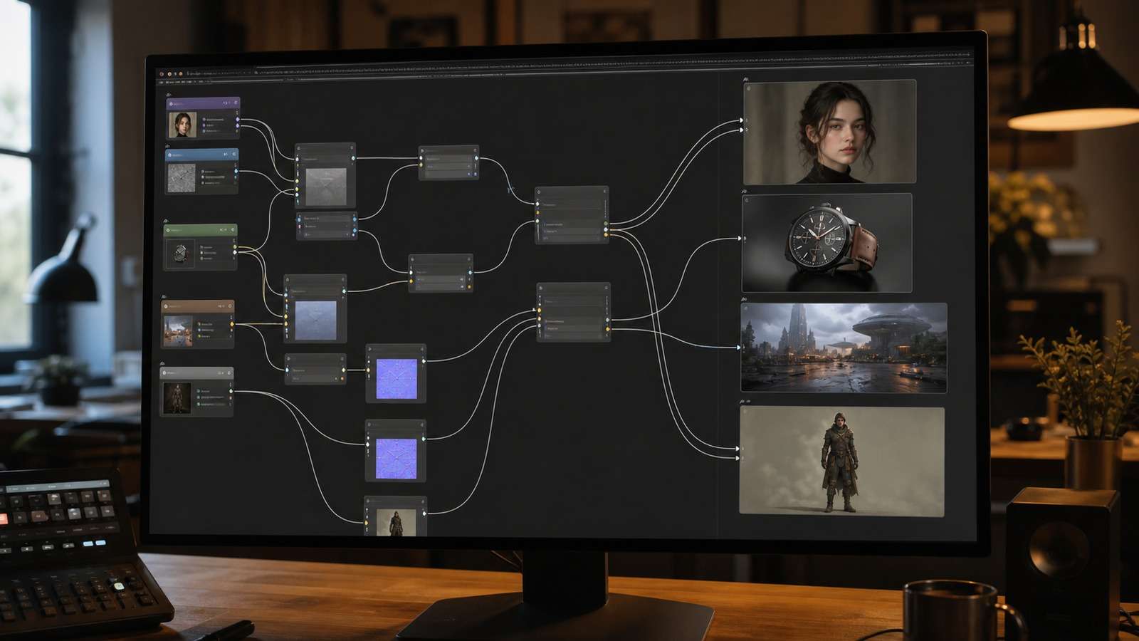 Node-based ComfyUI workflow leading to portrait, product, environment, and character outputs