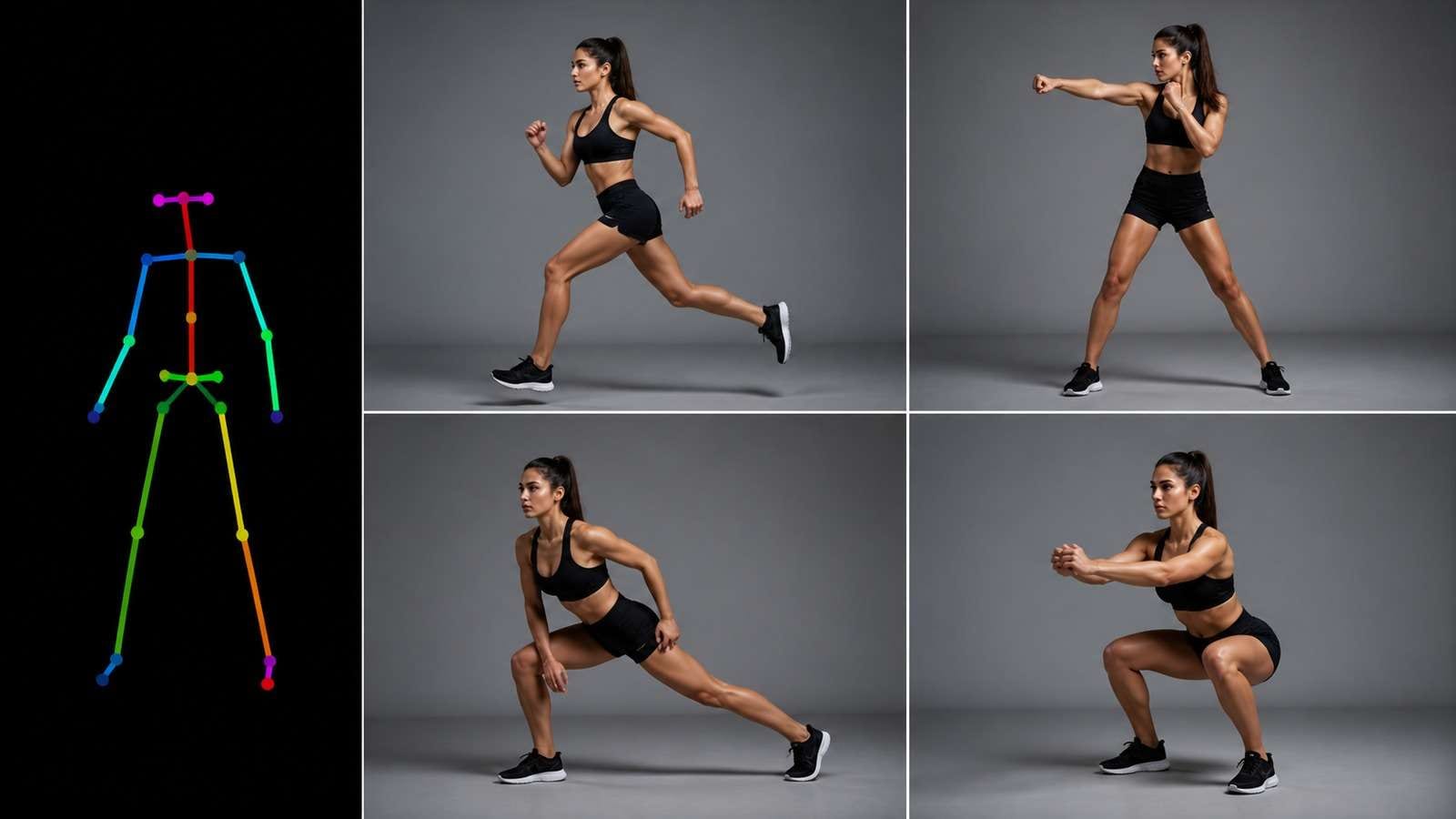 Pose-control workflow guiding the same AI character through several accurate full-body poses
