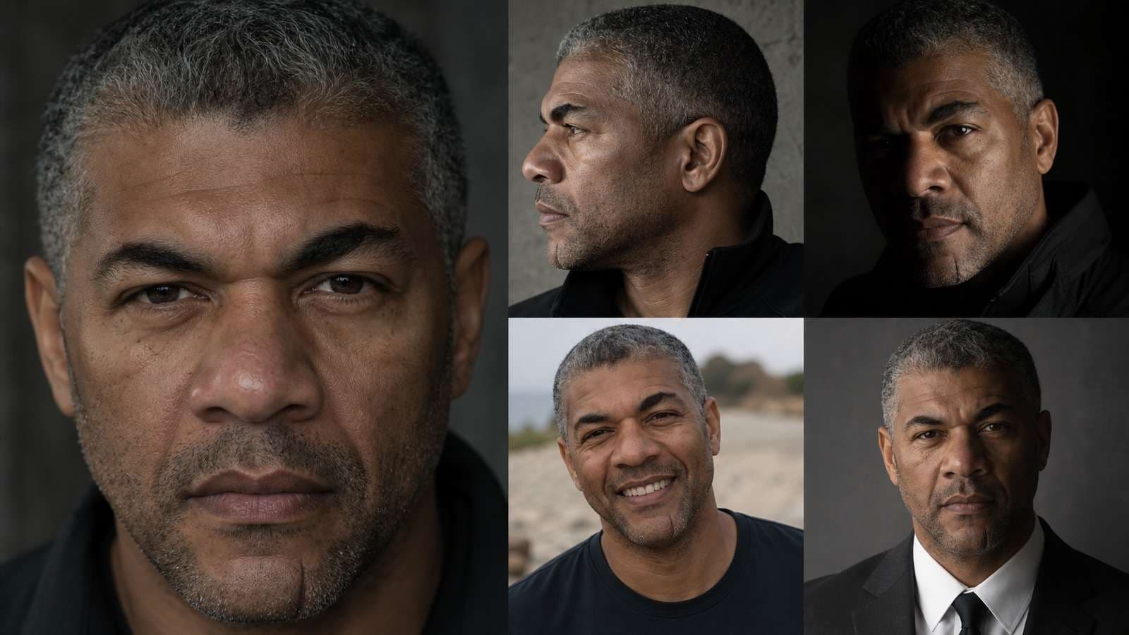 Same fictional character preserved across profiles, expressions, locations, and studio lighting