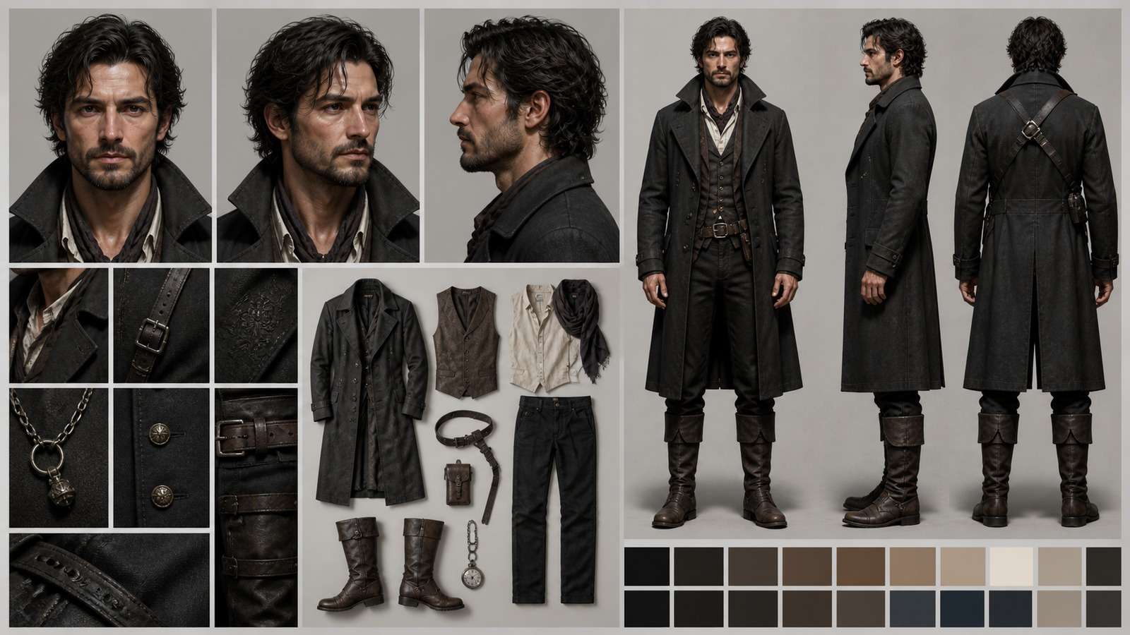 Production reference sheet with front, profile, full-body, clothing, and color details for one AI character