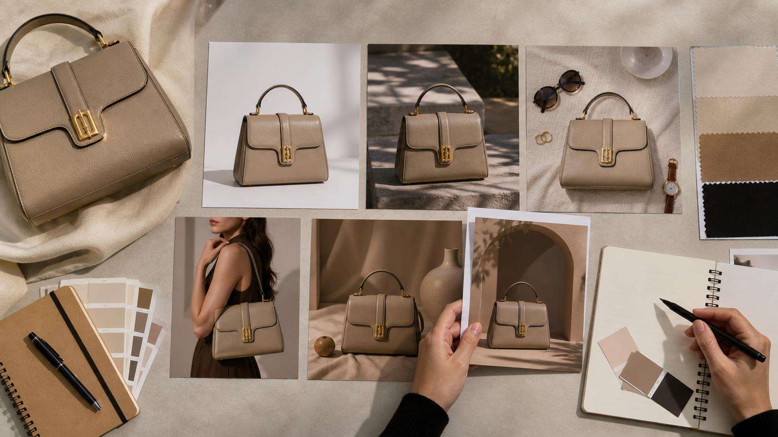 The same premium handbag shown consistently across studio, lifestyle, flat lay, model, and ad scenes with identical shape, logo, hardware, and color