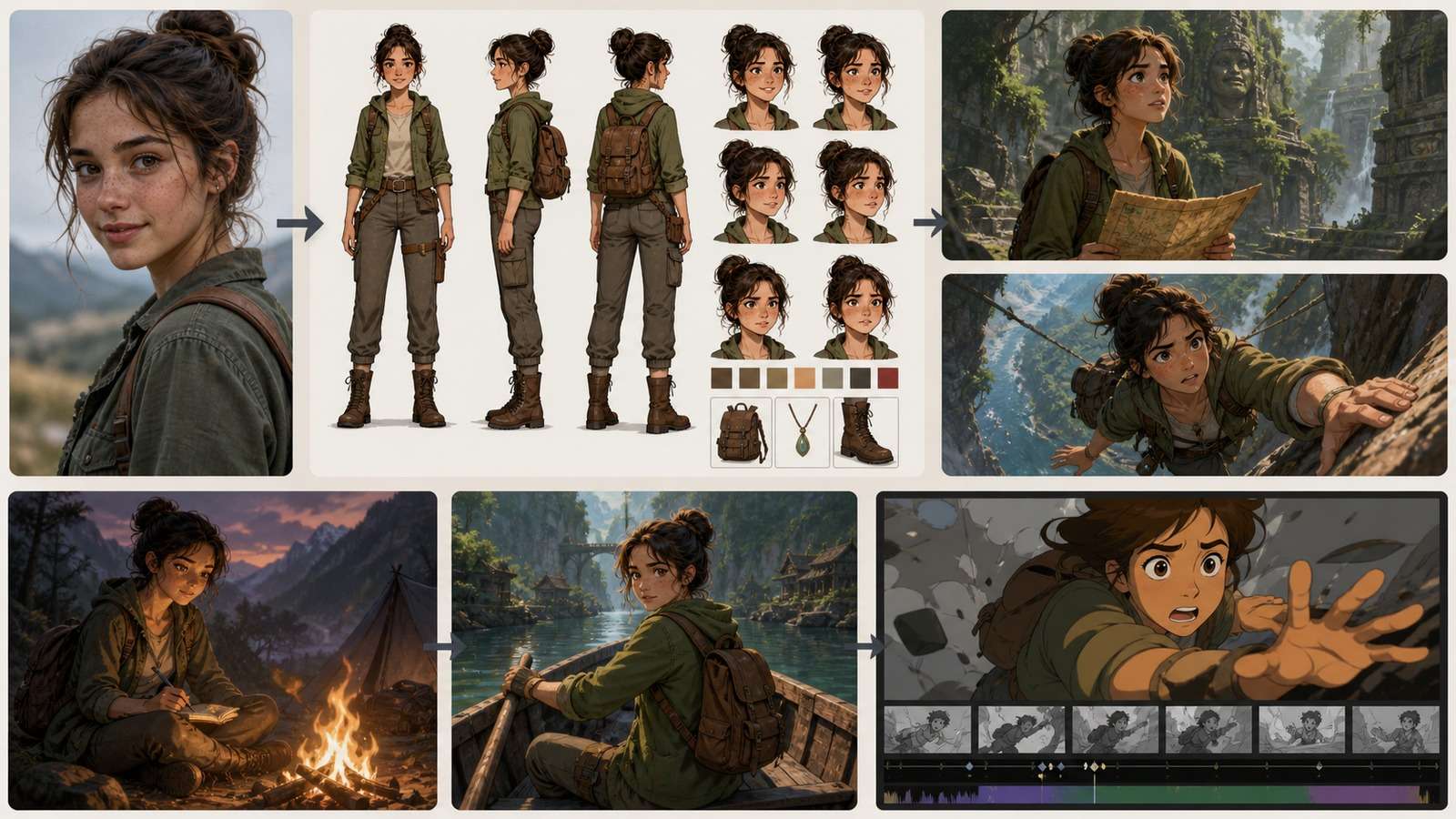 Browser-based workflow turning one portrait into a consistent character sheet and multiple story scenes
