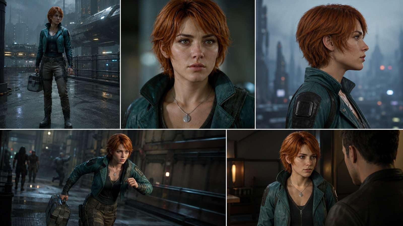 One fictional sci-fi courier preserved across five scenes, camera angles and actions