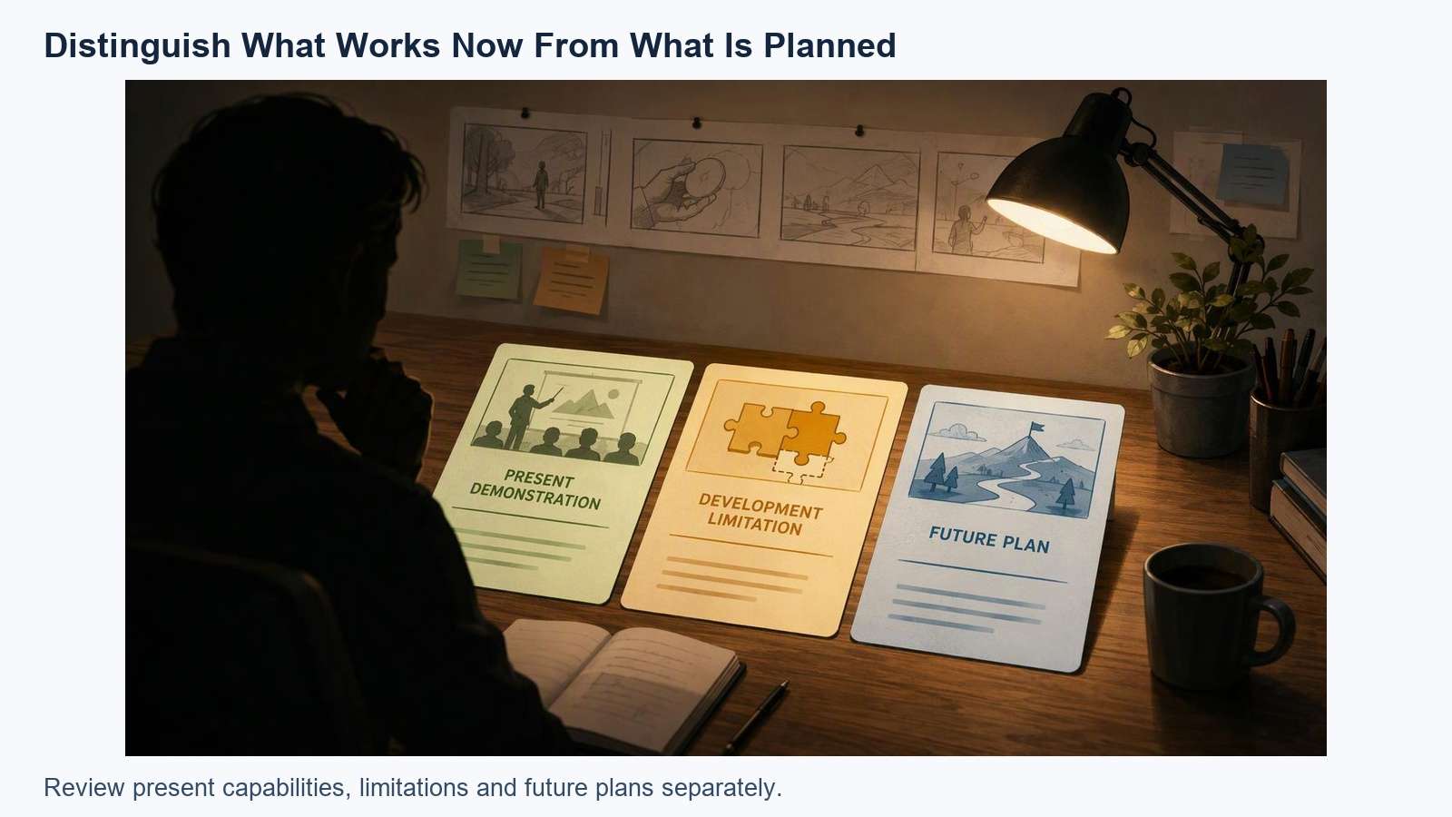 Editorial review of whether a crowdfunding video distinguishes current capabilities from plans