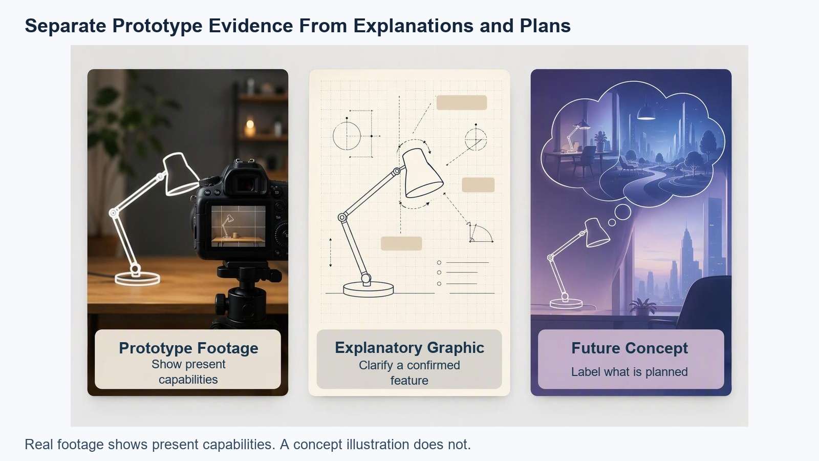 Conceptual separation of real prototype footage, explanatory graphics and future concepts