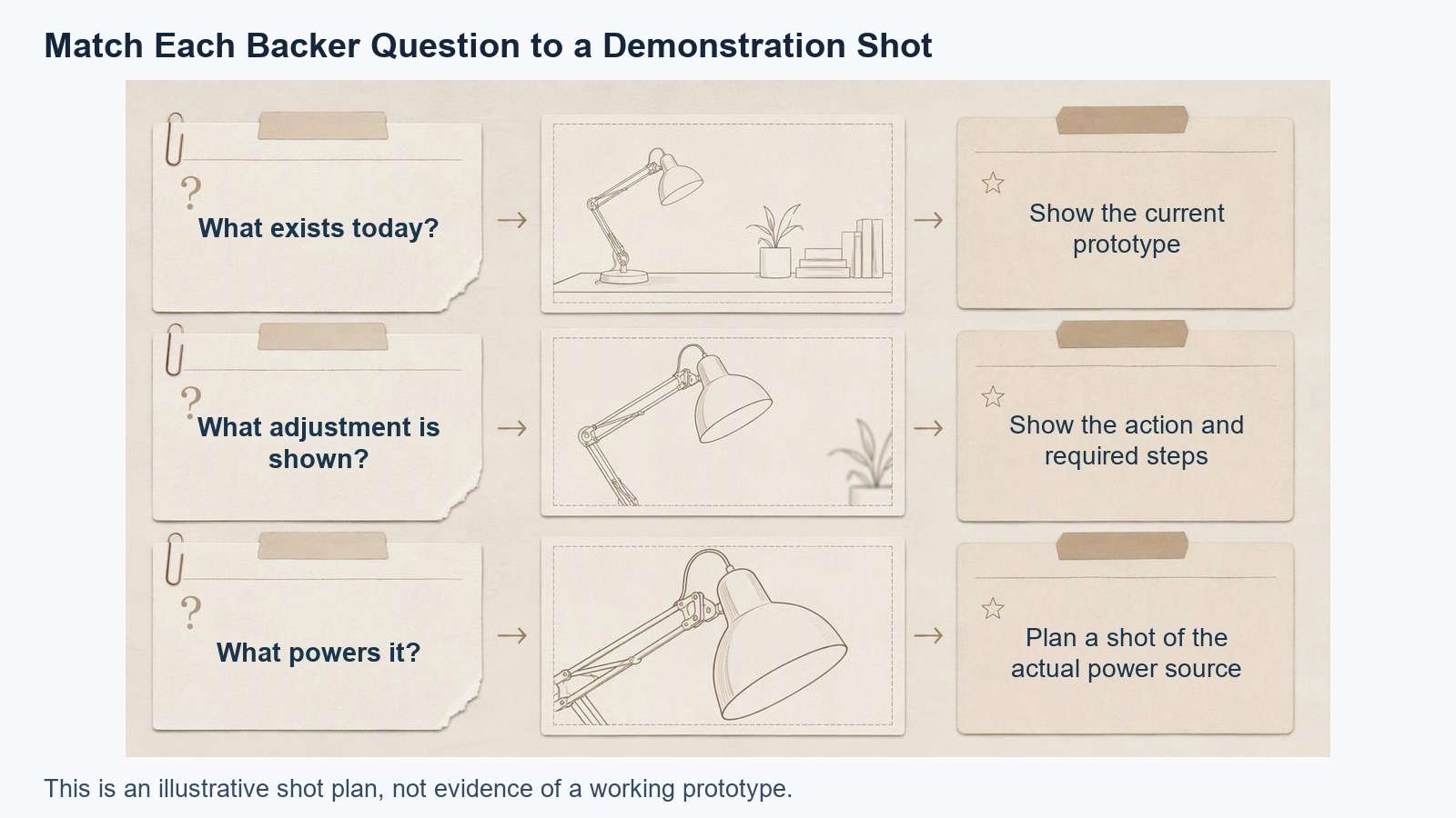 Illustrative shot-planning board pairing a backer question with a demonstration shot