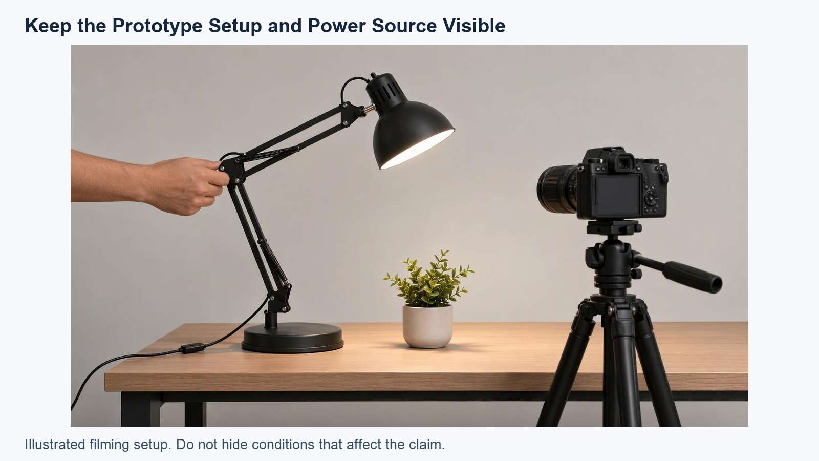Illustrated filming setup that keeps prototype power and adjustment conditions visible