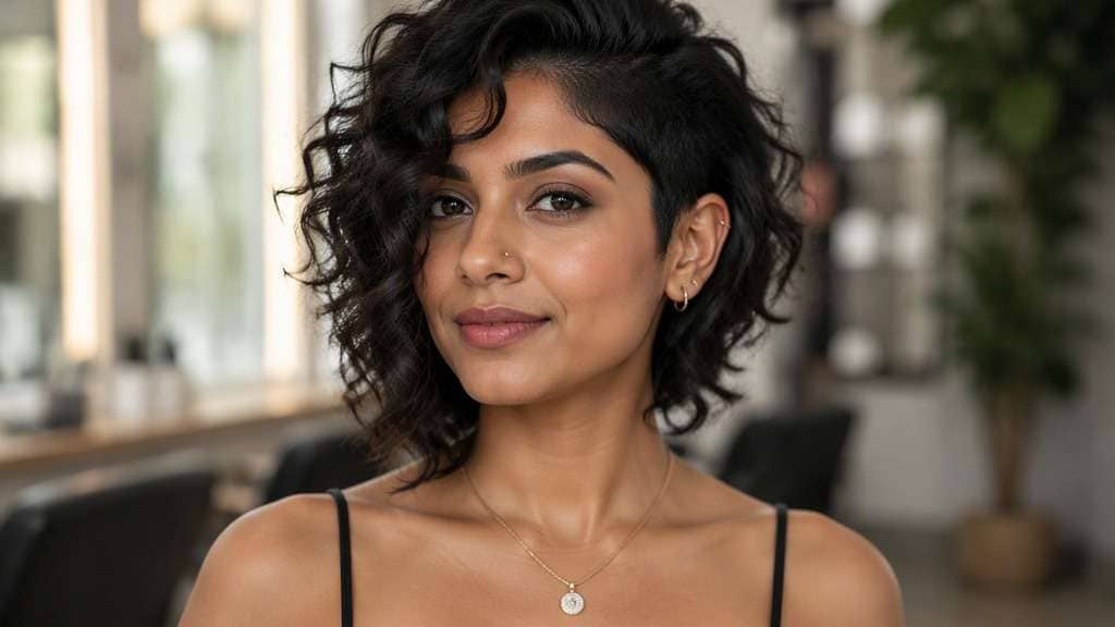 Asymmetric Curly Bob hair on an adult model, showing subtle shorter one side and slightly longer face framing opposite with natural c