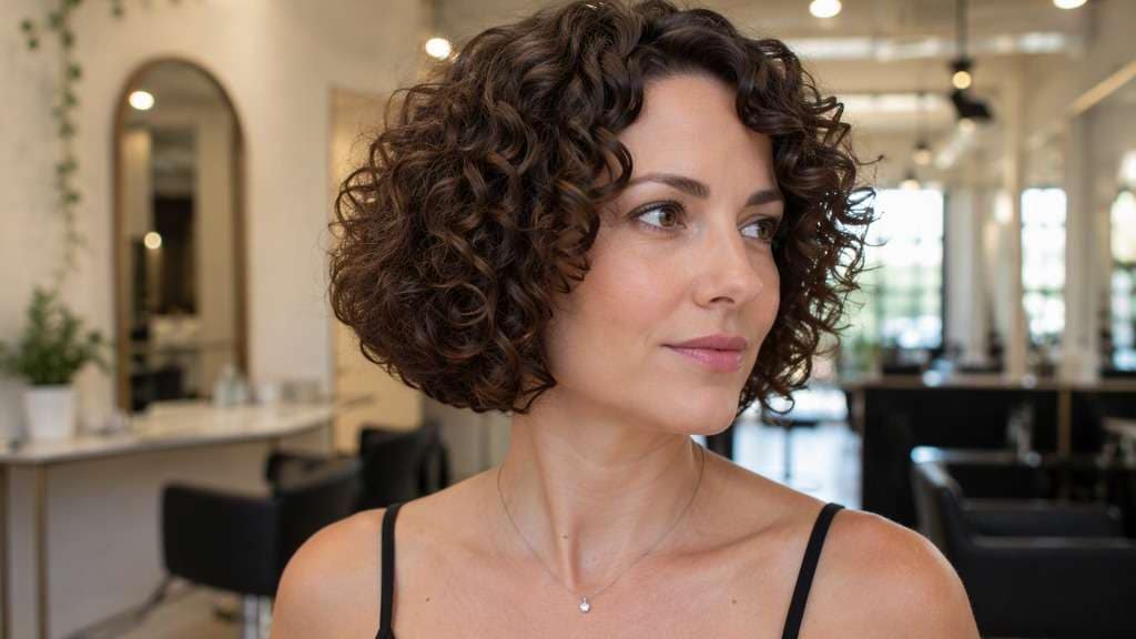 Coily Short Bob hair on an adult model, showing tight coils cut into balanced dry neck-level bob-like silhouette, realistic edge