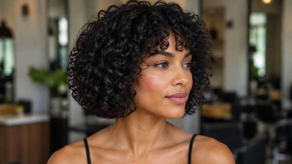 Curly Bob with Fringe hair on an adult model, showing short natural curl clusters above brows coupled with rounded jaw-length curly bo