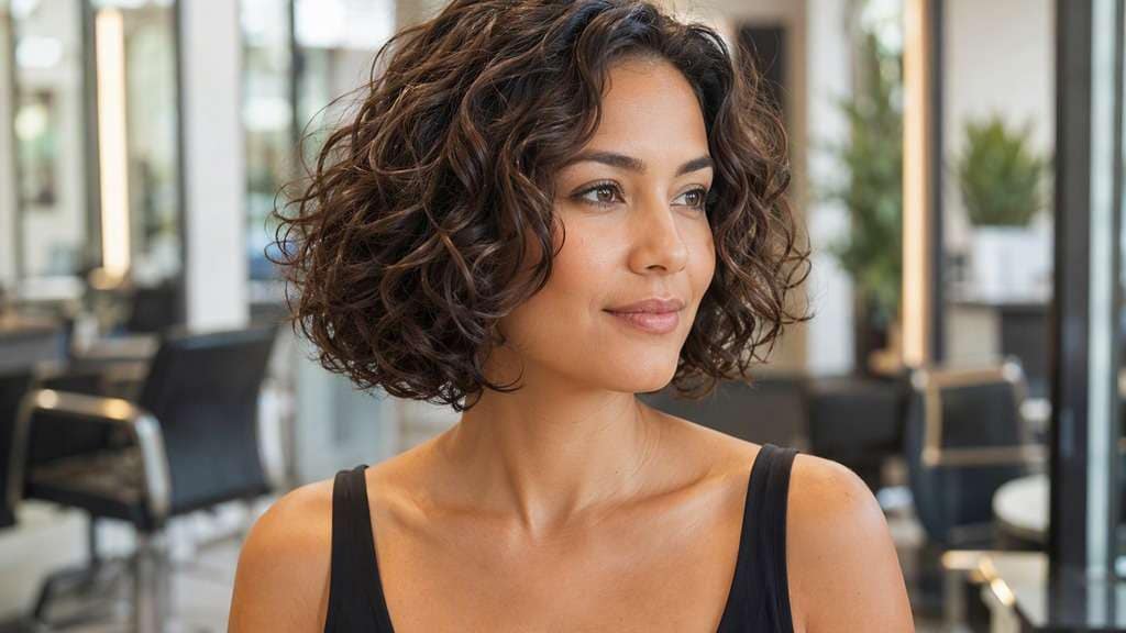 Curly Bob Without Fringe hair on an adult model, showing open forehead, gently rounded natural curl bob and clear neckline.