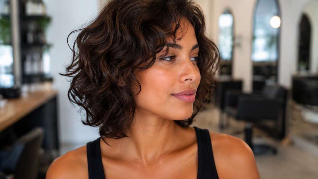Fine-Curl Bob hair on an adult model, showing loose fine curls with modest natural density, soft layered shape and neck-level 