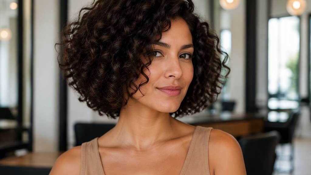 Jaw-Level Curly Bob hair on an adult model, showing defined natural curls with balanced dry outline near jaw and realistic shrinkage