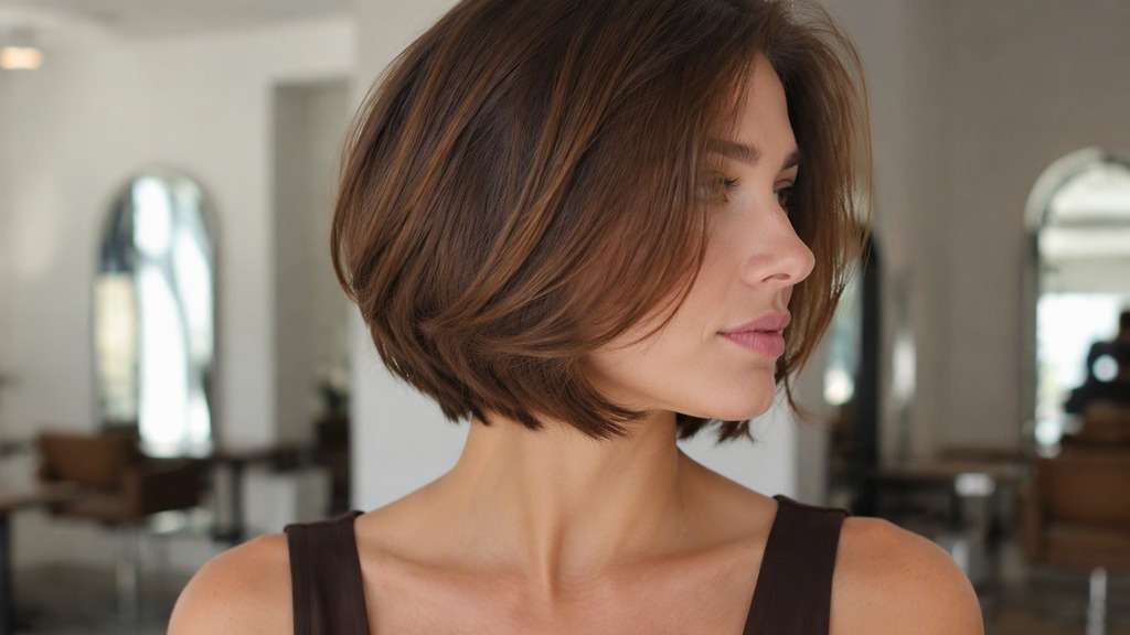 Layered Curly Bob hair on an adult model, showing subtle internal curl layers breaking excess lower bulk while keeping jaw-to-neck