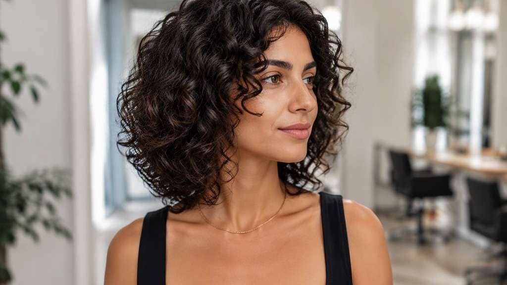 Long Curly Bob hair on an adult model, showing springy curls reaching collarbone in dry state with no straightened ends.