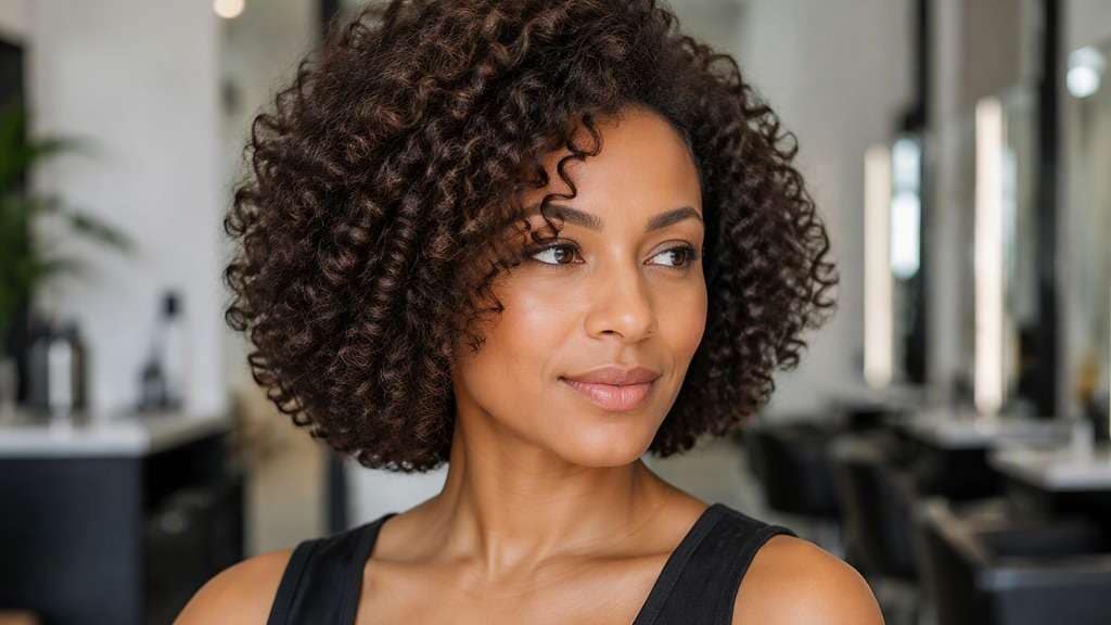 Rounded Curly Halo Bob hair on an adult model, showing full round curl silhouette at cheek-to-neck level, soft crown height and natural