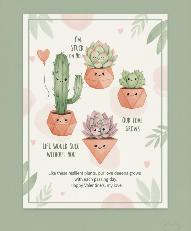 Cute Succulent Plant Valentines Card Girlfriend I Am So Lucky Pun