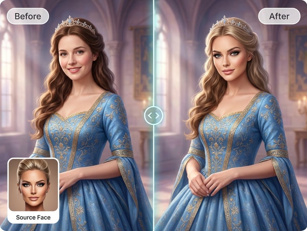 Woman photo transformed with Disney princess face swap showing realistic AI blending