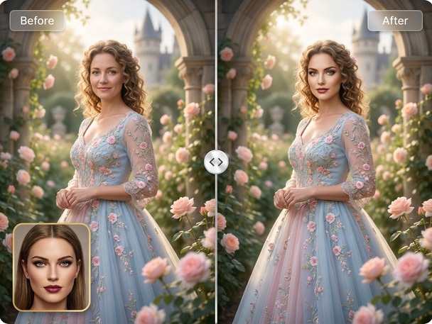 Before and after example of Disney princess face swap using Media.io
