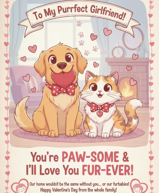 Dog Cat Pet Love Valentines Card Girlfriend Animal Lover Romantic