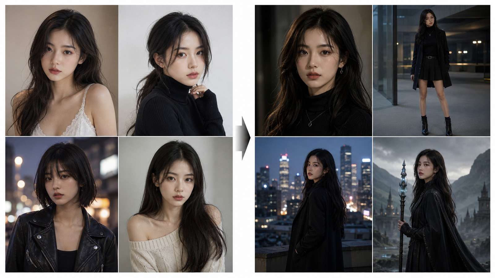 Before and after effect showing inconsistent AI characters corrected across multiple Dzine-style scenes
