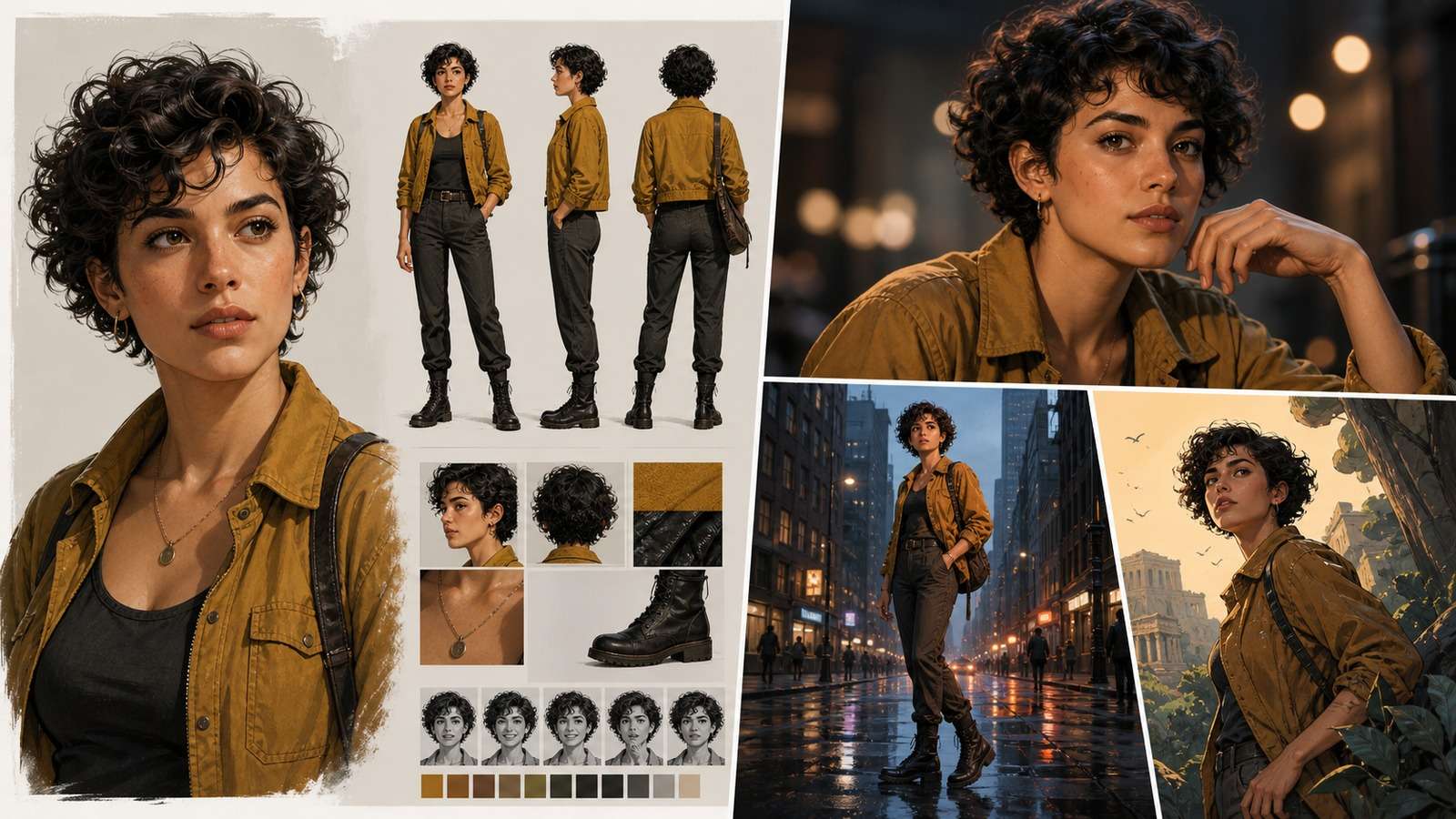 Original fictional AI character shown as a reference sheet and several finished scene variations