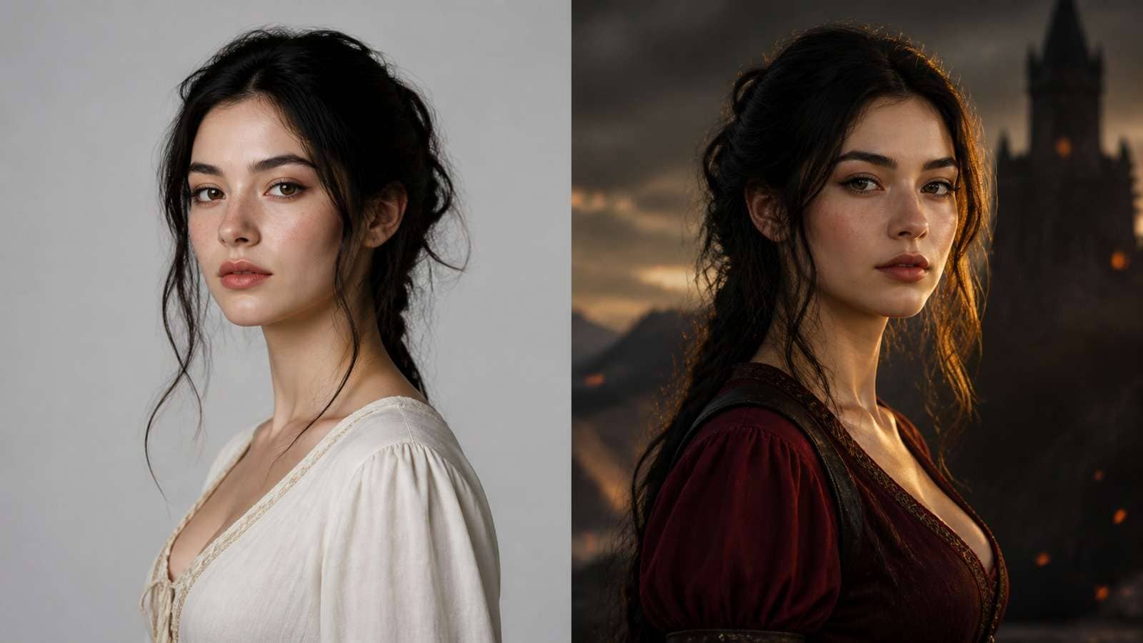 Same fictional character retained while background, wardrobe color, and lighting are edited