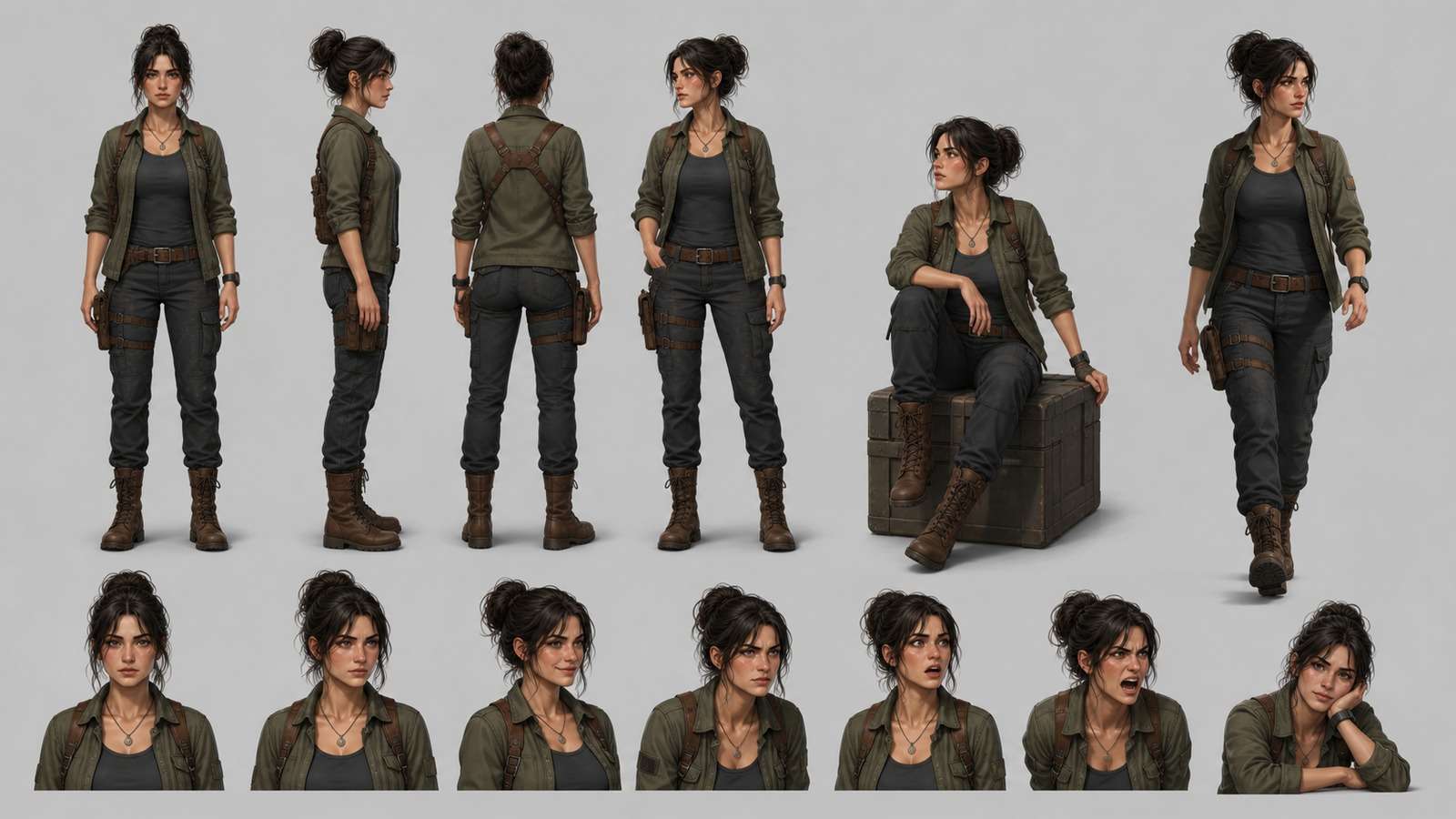 Consistent fictional character turnaround with multiple poses, views, and expressions