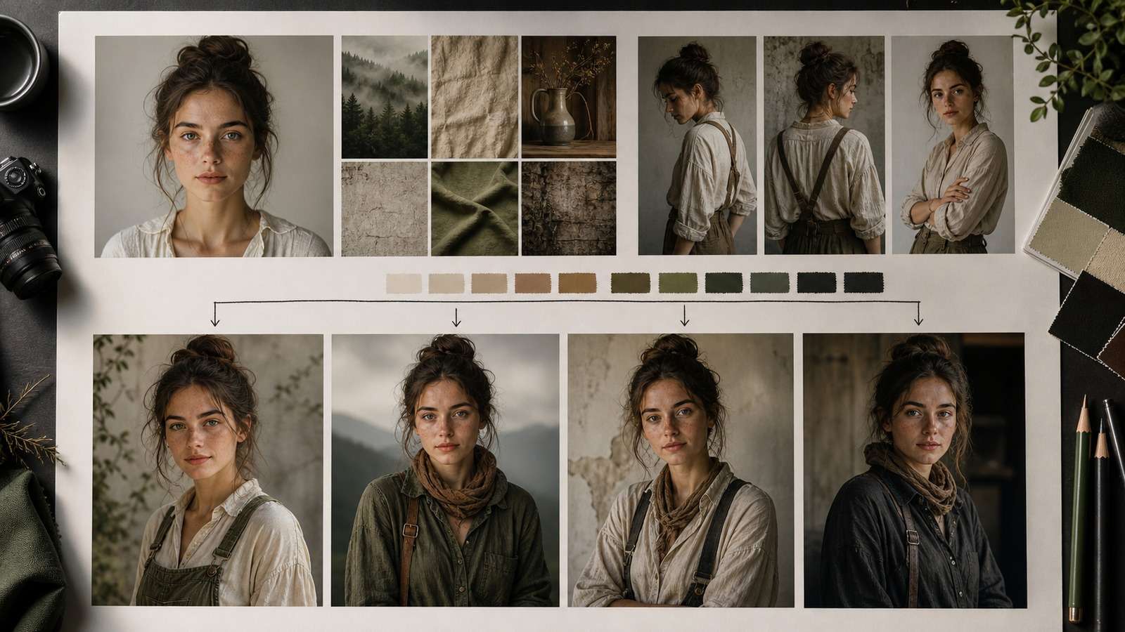 Source portrait, style, pose, palette, and generated variations organized for a Dzine AI character workflow