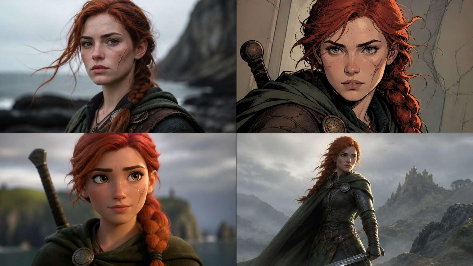 Same fictional character tested across photography, graphic novel, 3D animation, and fantasy styles