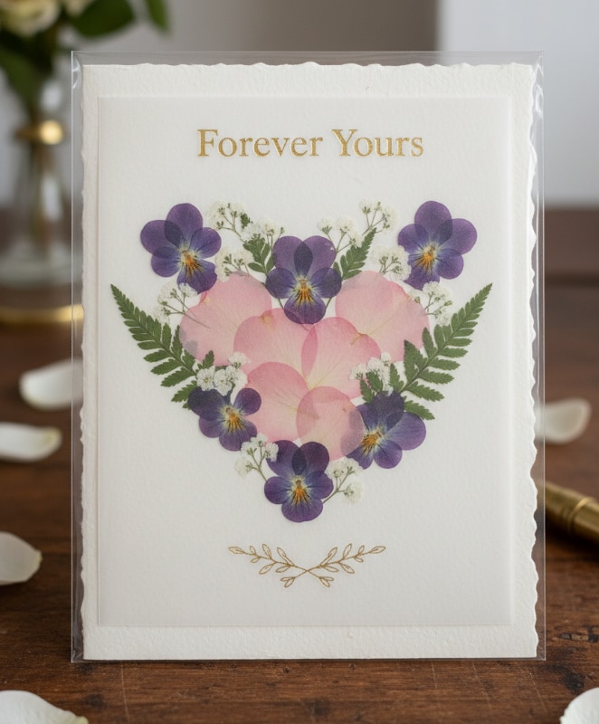 Elegant Real Pressed Flowers Valentines Card Girlfriend Botanical Style