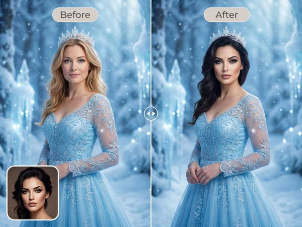 AI Elsa face swap before and after comparison