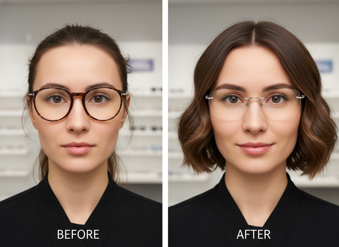 Woman trying on stylish glasses