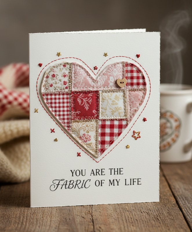 Fabric Quilted Heart Valentines Card Girlfriend Crafted Texture Cozy