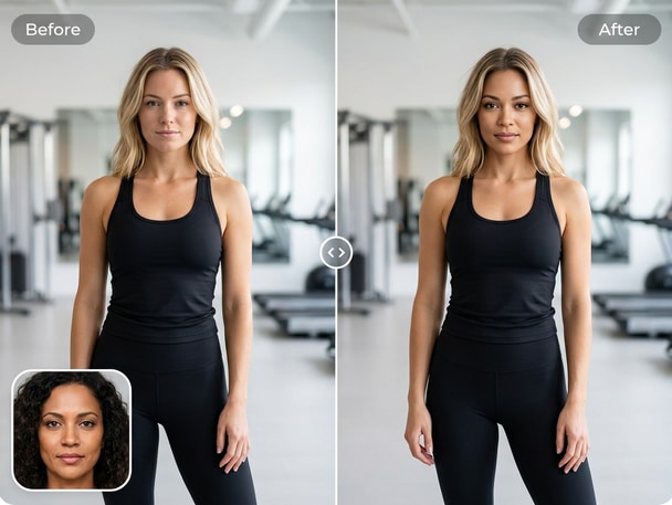 Before and after face onto body edit comparison