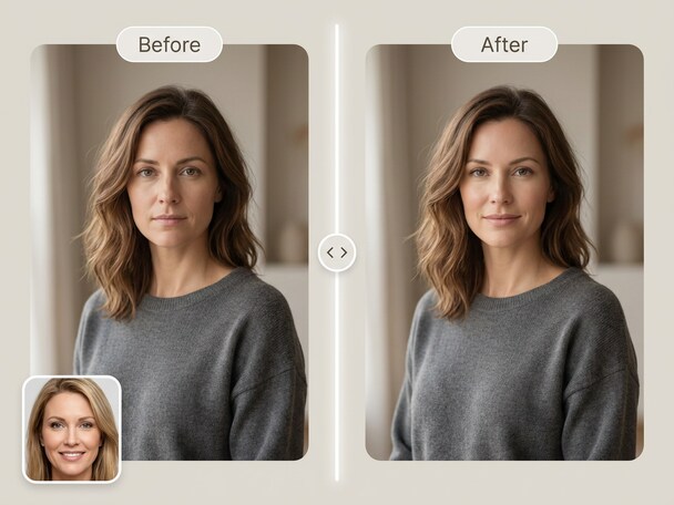Before and after photo showing AI face swap booth result for a party image