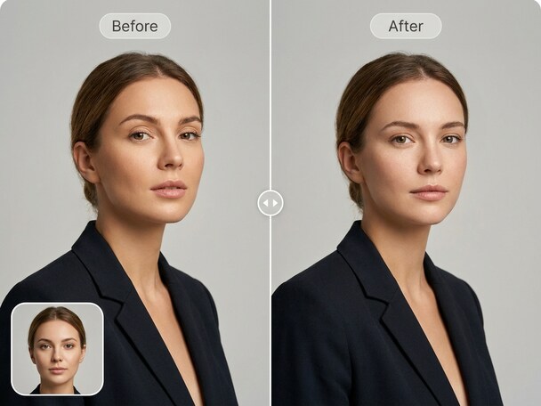 Before and after sample of AI photo booth face swap for an event portrait