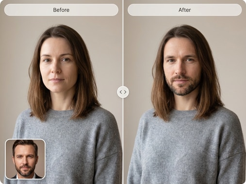 Before and after face swap photo no watermark comparison