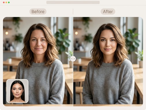 Comparison showing watermark-free AI face swap result