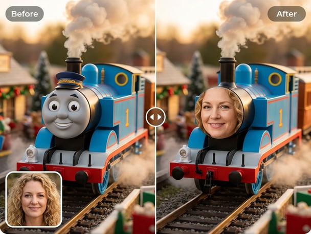 Realistic AI face swap with a toy train character background