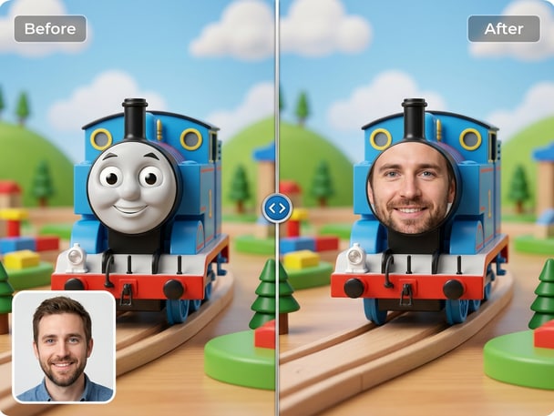 Before and after of AI face swap in a playful train-themed photo