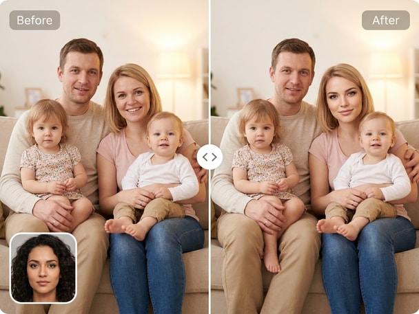 AI family face swap example showing parents swapping faces in a family portrait