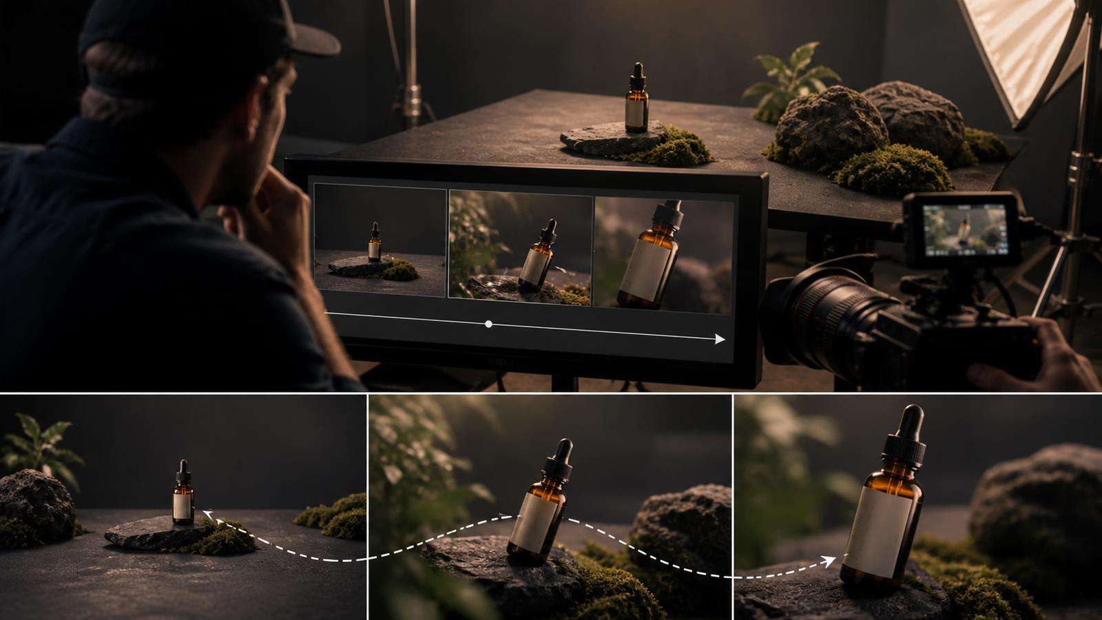 A realistic split visual showing a start frame, a generated motion path, and an end frame for the same product scene