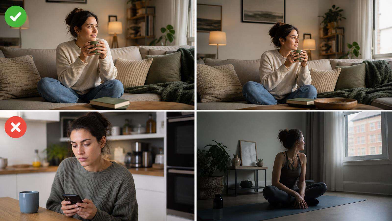 Two compatible keyframes of the same woman and same room with a planned pose and camera change, contrasted with an incompatible pair