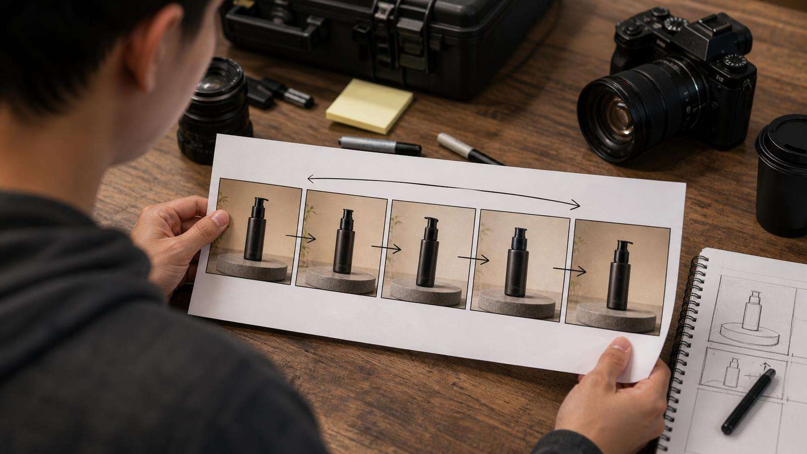 A product loop storyboard with matching opening and ending composition plus motion arrows through the middle of the shot