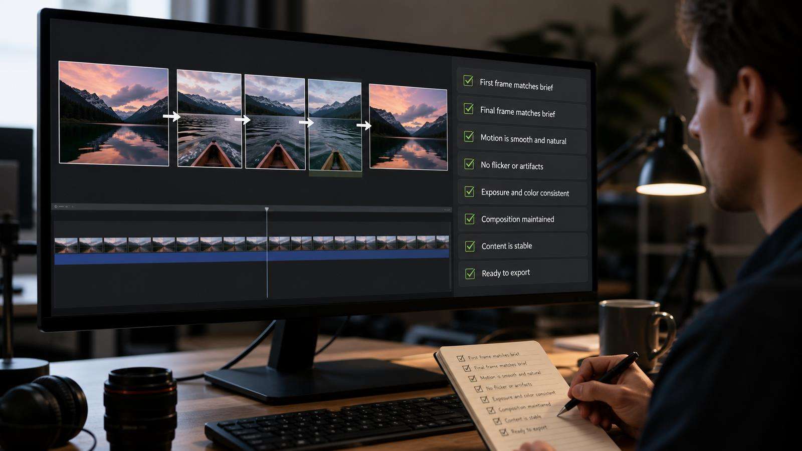 A realistic editing monitor displaying an AI clip with first frame, middle motion frames, final frame, and a production QA checklist