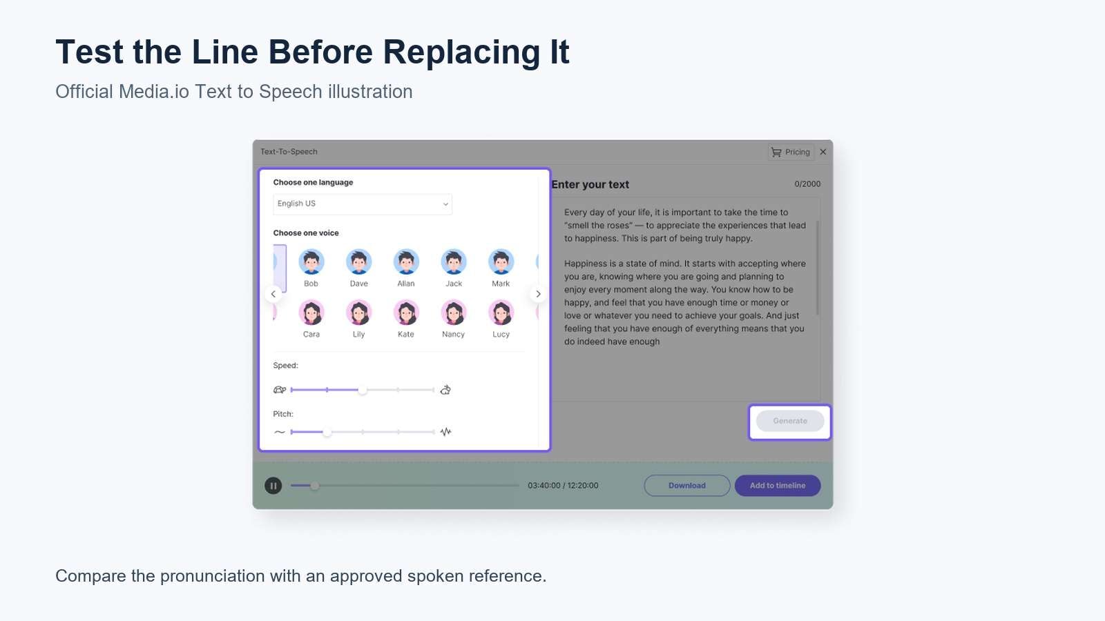 Official Media.io Text to Speech illustration showing language, voice, speed and pitch controls